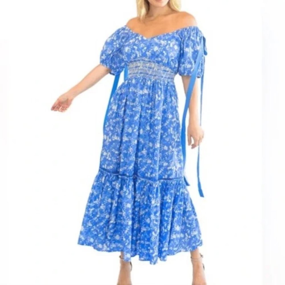 LoveShackFancy Angie Short Sleeve Floral Maxi Dress, Women's Size 00 - Blue Jay
